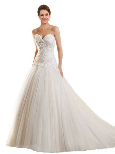Mejores Blanco Cuello de Corazón Cola capilla Tul Encaje Vestidos de novia