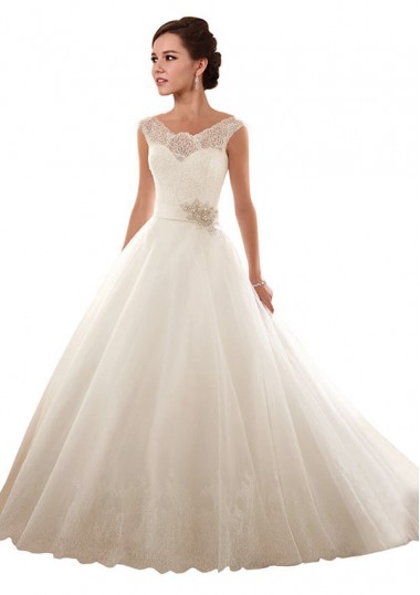 Mejores Blanco Hombros Descubiertos Cola capilla Tul Encaje Vestidos de novia