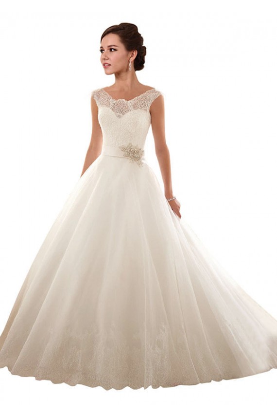 Mejores Blanco Hombros Descubiertos Cola capilla Tul Encaje Vestidos de novia