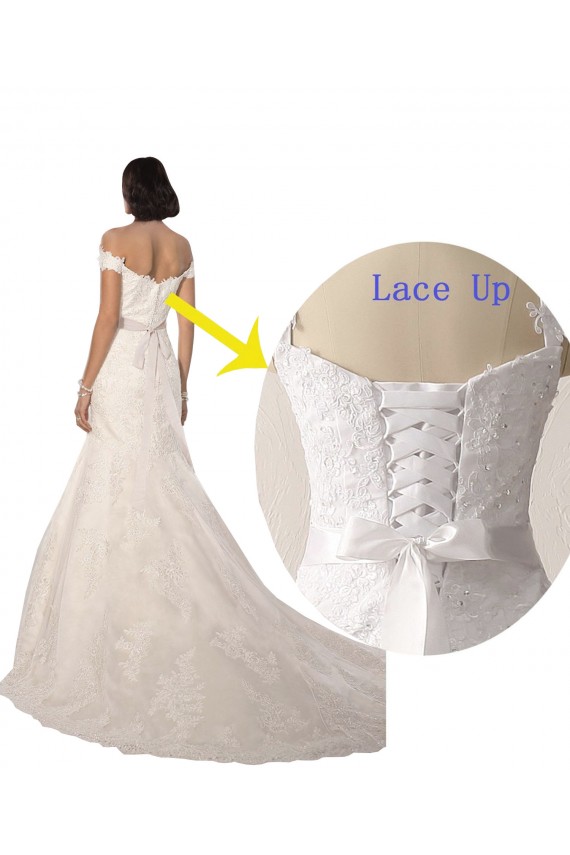 Mejores Blanco Sirena Hombros Descubiertos Cola capilla Encaje Playa Vestidos de novia