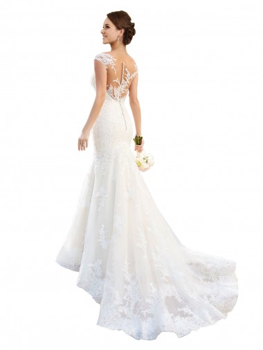 Mejores Blanco Sirena Ilusión Cola capilla Encaje Vestidos de novia