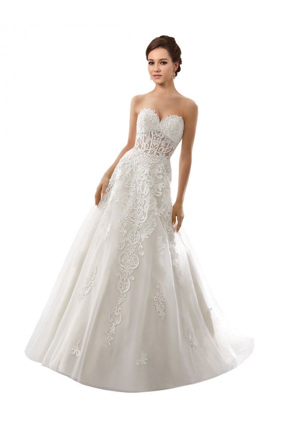 Mejores Blanco línea A Cuello de Corazón Cola capilla Tul Encaje Vestidos de novia