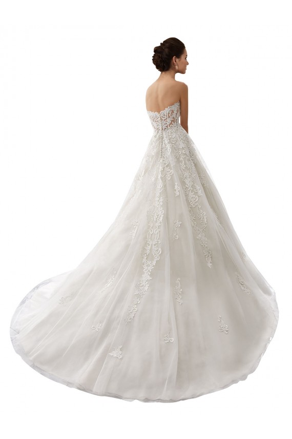 Mejores Blanco línea A Cuello de Corazón Cola capilla Tul Encaje Vestidos de novia