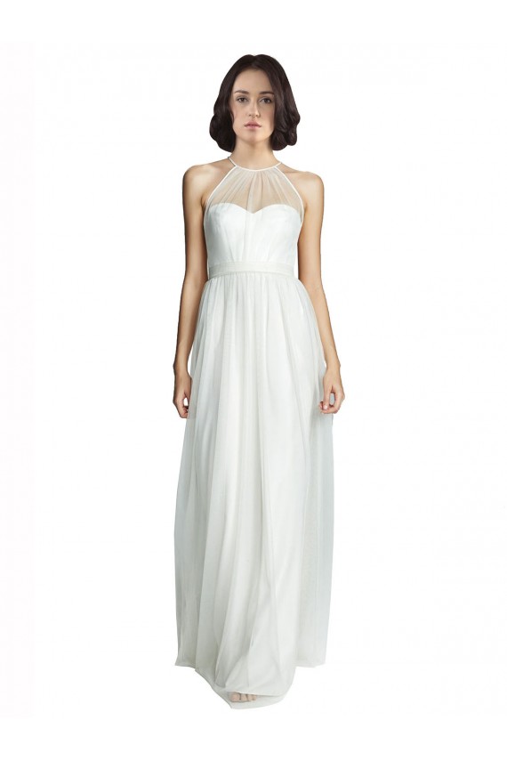 Mejores Blanco línea A Halter Cuello Alto Tul Largo Vestidos de dama de honor