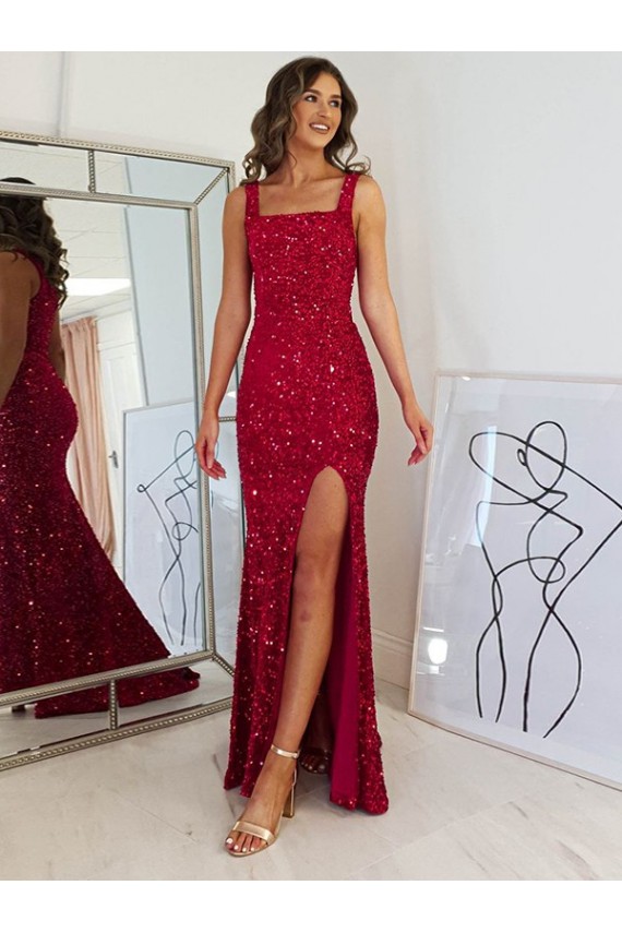 Mejores Borgoña Cubierta Cuadrado Lentejuelas Terciopelo Largo Vestidos de fiesta