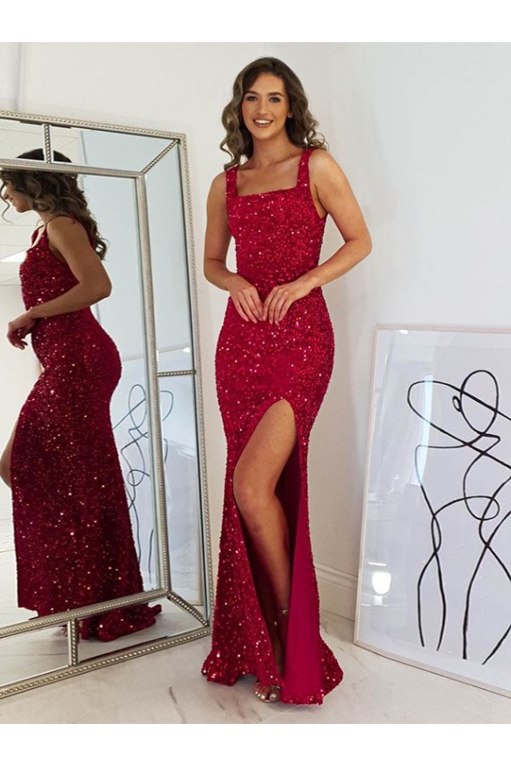 Mejores Borgoña Cubierta Cuadrado Lentejuelas Terciopelo Largo Vestidos de fiesta