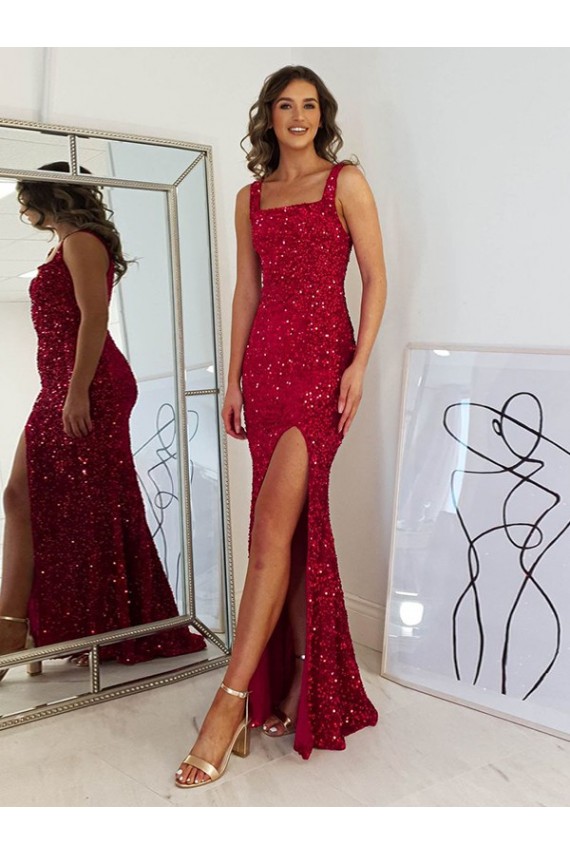Mejores Borgoña Cubierta Cuadrado Lentejuelas Terciopelo Largo Vestidos de fiesta