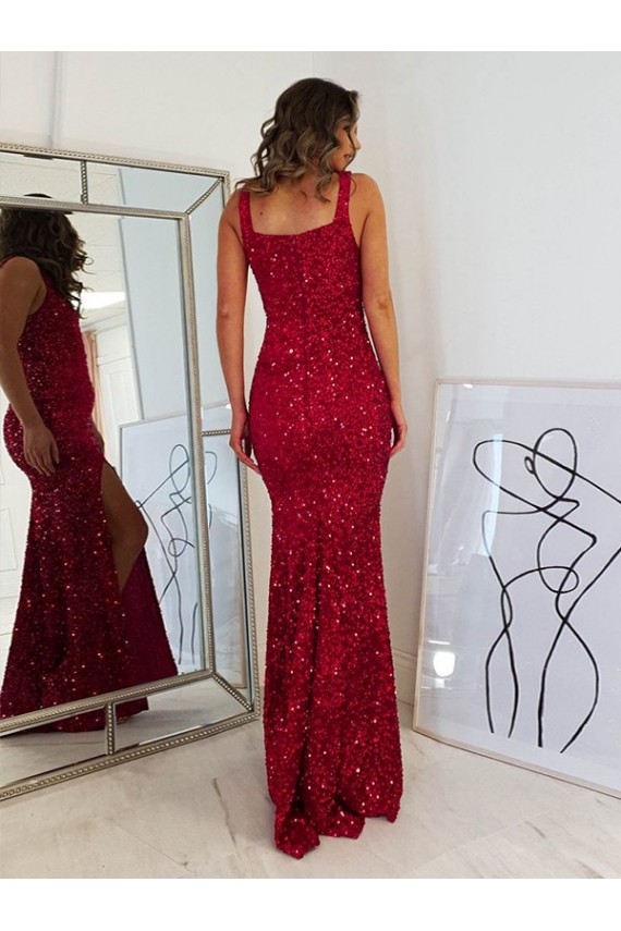 Mejores Borgoña Cubierta Cuadrado Lentejuelas Terciopelo Largo Vestidos de fiesta