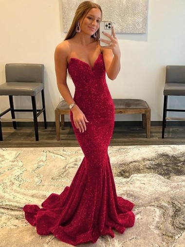 Mejores Borgoña Cubierta Cuello de Corazón Barrer tren Lentejuelas Terciopelo Largo Vestidos de fiesta