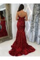 Mejores Borgoña Cubierta Cuello de Corazón Cola corte Lentejuelas Terciopelo Largo Vestidos de fiesta
