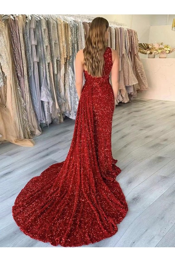 Mejores Borgoña Cubierta Un Hombre Cola corte Lentejuelas Terciopelo Largo Vestidos de fiesta