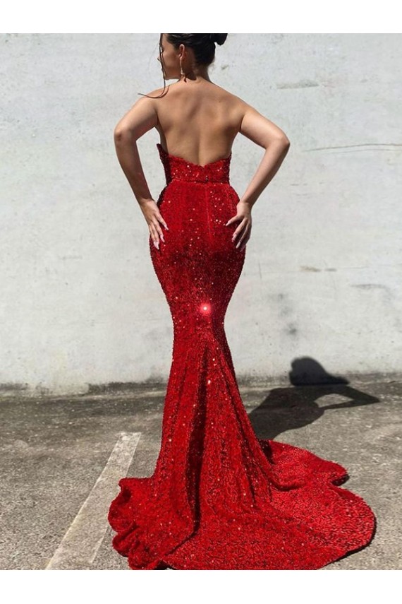 Mejores Borgoña Sirena Cuello de Corazón Cola corte Lentejuelas Terciopelo Largo Vestidos de fiesta