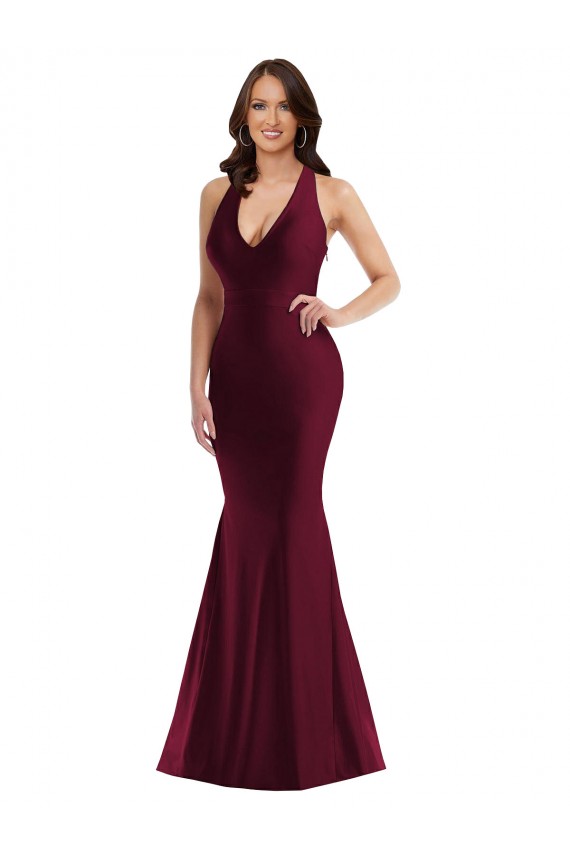 Mejores Borgoña Sirena Cuello en V Satén sedoso Largo Formales Vestidos de dama de honor / Vestidos de fiesta
