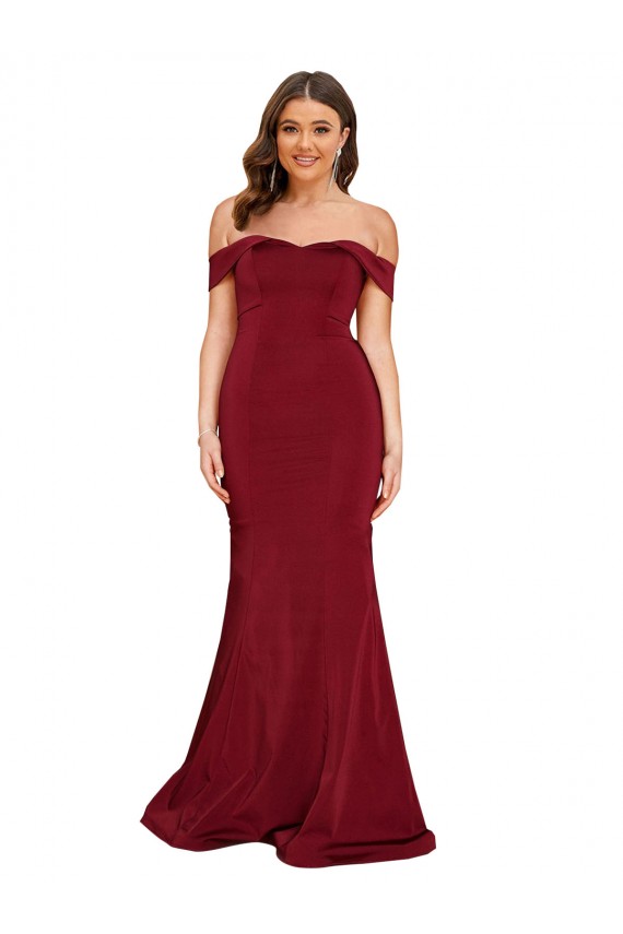 Mejores Borgoña Sirena Hombros Descubiertos Spandex Largo Formales Vestidos de dama de honor / Vestidos de fiesta