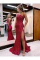 Mejores Borgoña Sirena Un Hombre Barrer tren Lentejuelas Terciopelo Largo Vestidos de fiesta