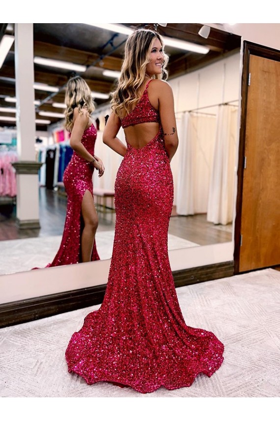 Mejores Borgoña Sirena Un Hombre Barrer tren Lentejuelas Terciopelo Largo Vestidos de fiesta
