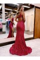 Mejores Borgoña Sirena Un Hombre Barrer tren Lentejuelas Terciopelo Largo Vestidos de fiesta