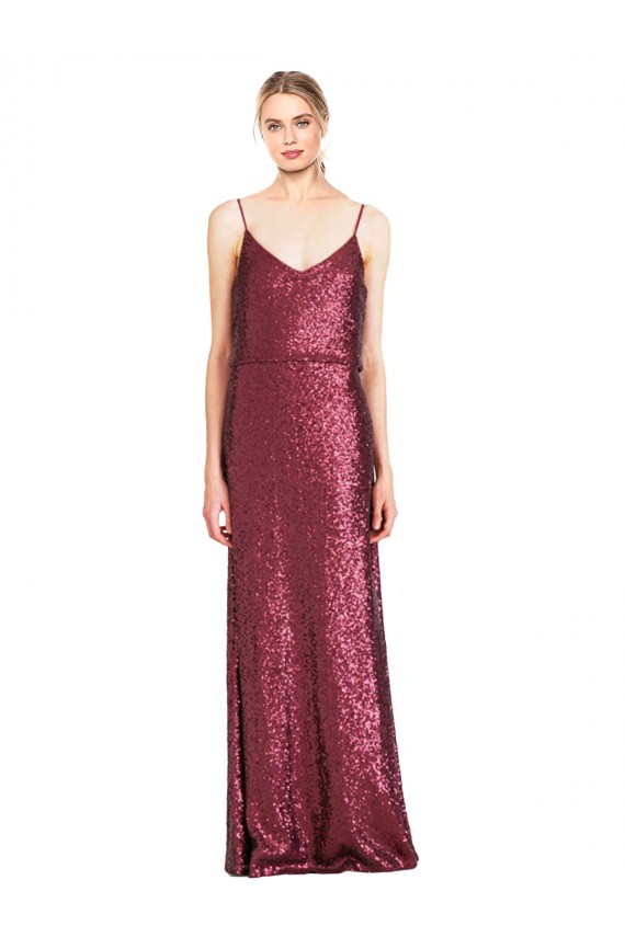 Mejores Borgoña línea A Halter Cuello Alto Lentejuela Largo Formales Vestidos de dama de honor / Vestidos de fiesta