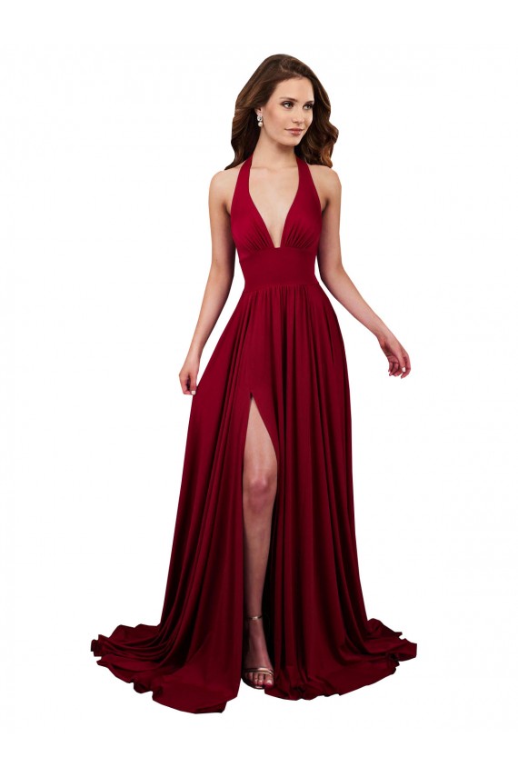Mejores Borgoña línea A Halter Cuello en V Spandex Largo Formales Vestidos de dama de honor / Vestidos de fiesta