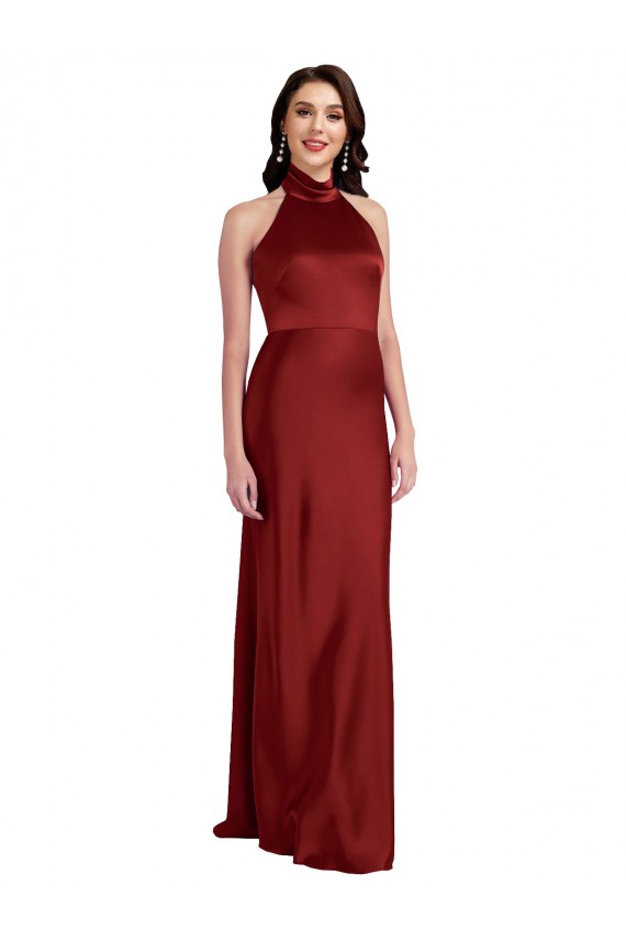 Mejores Borgoña línea A Halter Satén elástico Largo Formales Vestidos de dama de honor / Vestidos de fiesta