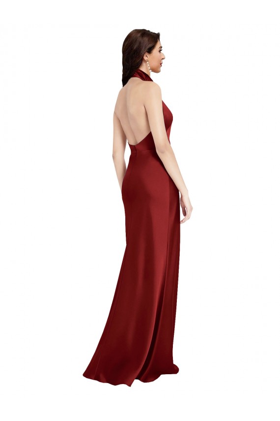 Mejores Borgoña línea A Halter Satén elástico Largo Formales Vestidos de dama de honor / Vestidos de fiesta