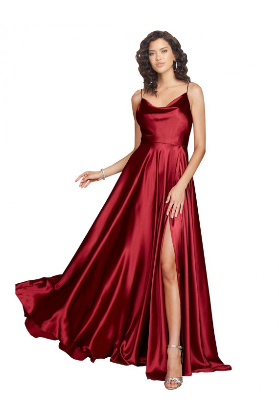 Mejores Borgoña línea A Tirantes espagueti Satén sedoso Largo Formales Vestidos de dama de honor / Vestidos de fiesta