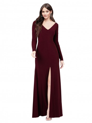 Mejores Borgoña oscuro Cubierta Cuello en V Spandex Largo Vestidos de dama de honor / Vestidos de fiesta