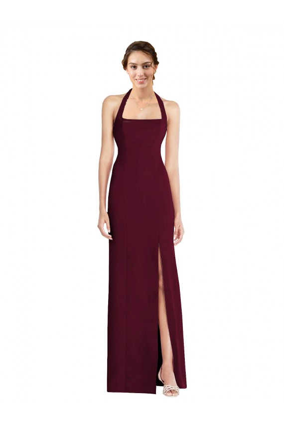 Mejores Borgoña oscuro Trompeta Halter Crepé Elástico Largo Vestidos de dama de honor / Vestidos de fiesta