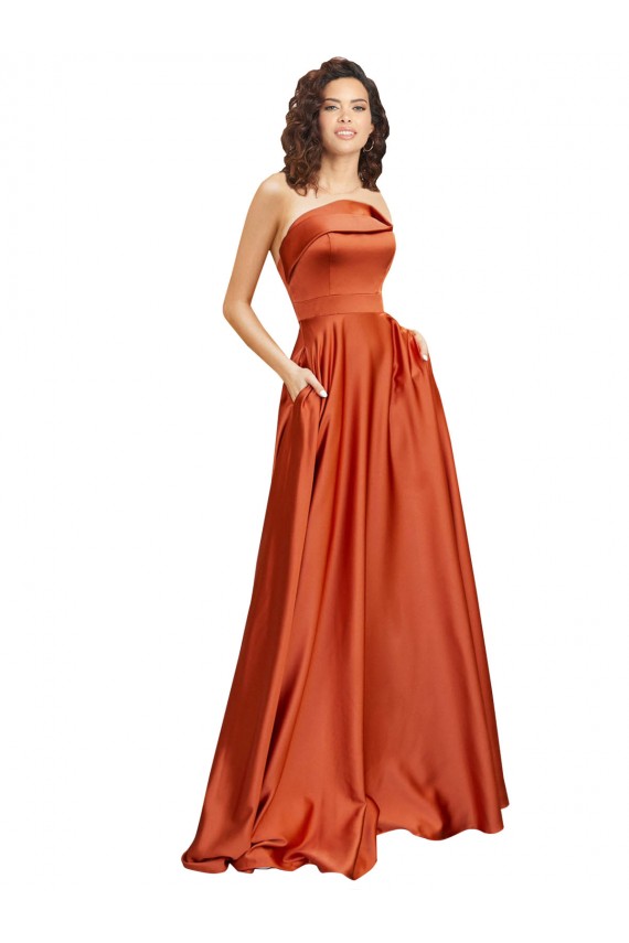 Mejores Burnt línea A Cuello redondo Barrer tren Satén sedoso Largo Formales Vestidos de dama de honor / Vestidos de fiesta