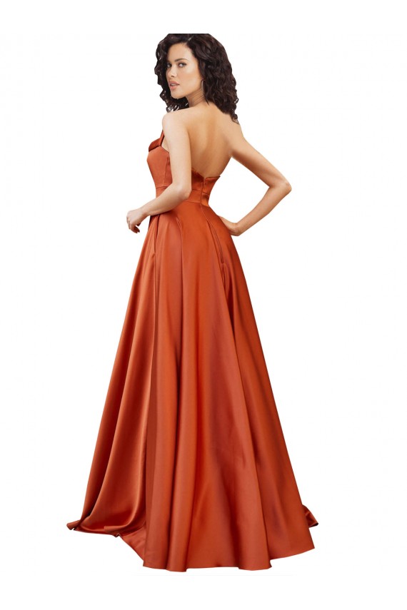 Mejores Burnt línea A Cuello redondo Barrer tren Satén sedoso Largo Formales Vestidos de dama de honor / Vestidos de fiesta