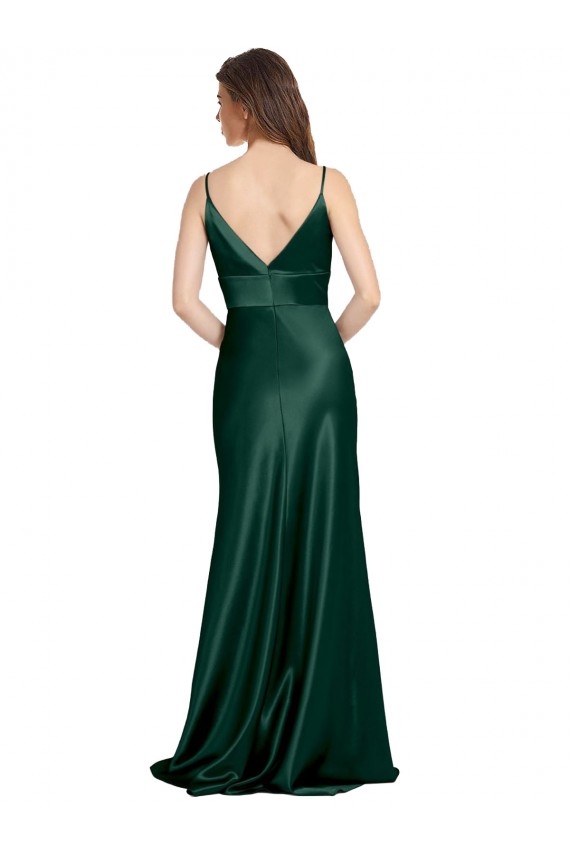 Mejores Cazador Verde Cubierta Tirantes espagueti Cuello en V Cuello Alto Satén elástico Largo Formales Vestidos de dama de honor / Vestidos de fiesta