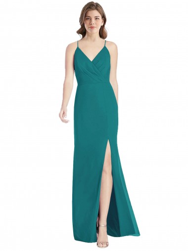 Mejores Cazador Verde Sirena Tirantes espagueti Cuello en V Gasa Largo Vestidos de dama de honor