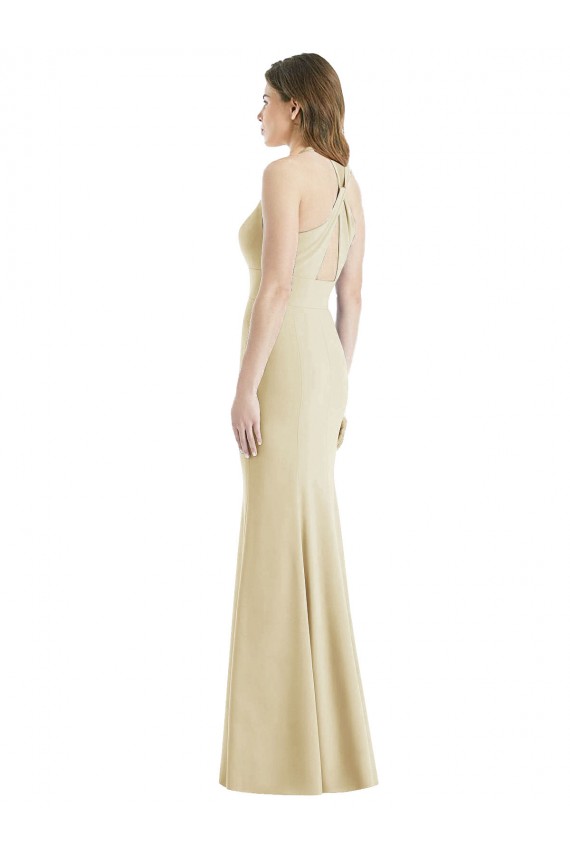 Mejores Champán Trompeta Barco Crepé Elástico Largo Vestidos de dama de honor / Vestidos de fiesta
