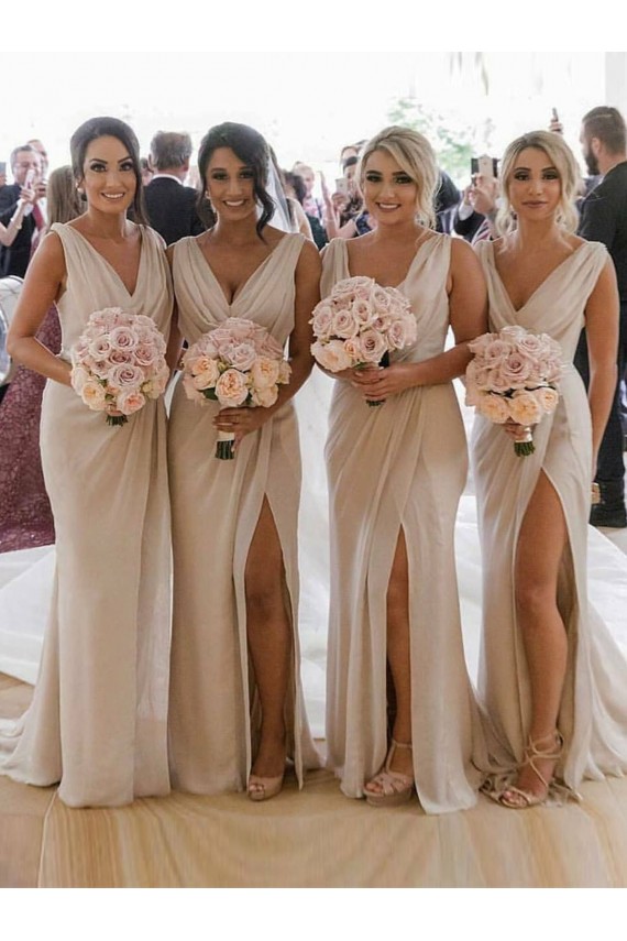 Mejores Champán línea A Cuello en V Gasa Largo Vestidos de dama de honor