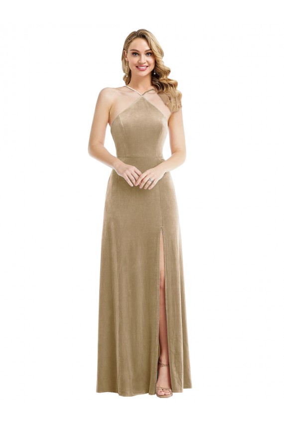 Mejores Champán línea A Halter Cuello Alto Terciopelo Elástico Largo Vestidos de dama de honor / Vestidos de fiesta