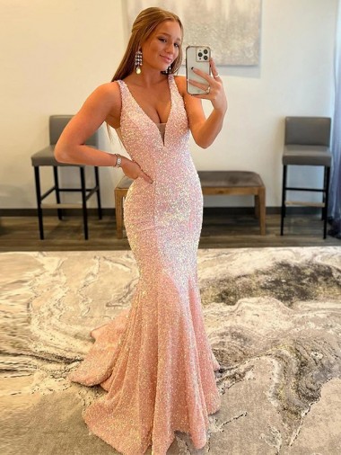 Mejores Color mostrado Cubierta Cuello en V Barrer tren Lentejuelas Terciopelo Largo Vestidos de fiesta