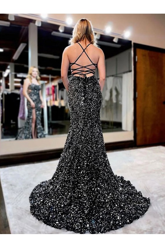 Mejores Color mostrado Cubierta Tirantes espagueti Barrer tren Lentejuelas Terciopelo Largo Vestidos de fiesta