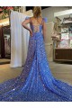 Mejores Color mostrado línea A Cuello en V Cola corte Lentejuelas Terciopelo Largo Vestidos de fiesta