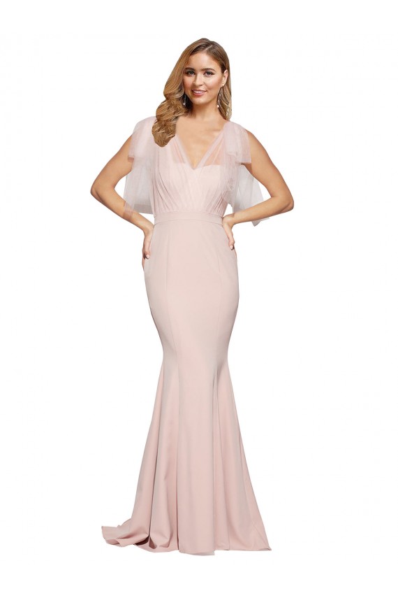 Mejores Cubierta Cuello de Corazón Crepé Elástico Tul Largo Formales Vestidos de dama de honor / Vestidos de fiesta