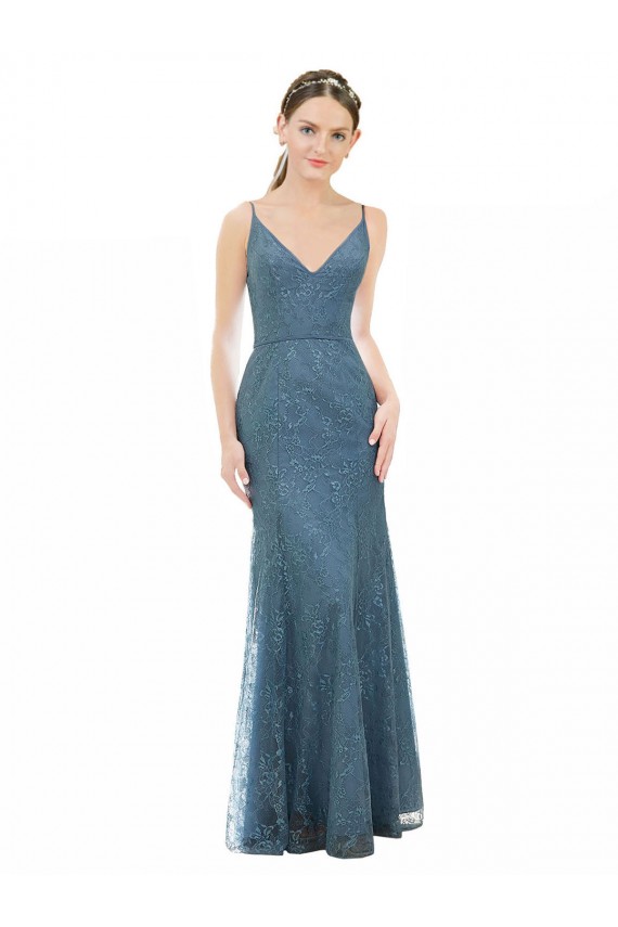Mejores Cubierta Tirantes espagueti Cuello en V Encaje Largo Vestidos de dama de honor