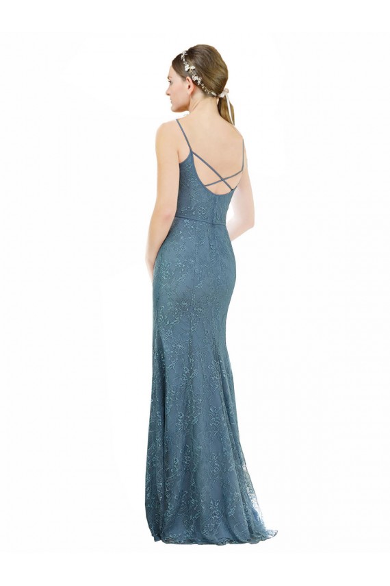 Mejores Cubierta Tirantes espagueti Cuello en V Encaje Largo Vestidos de dama de honor
