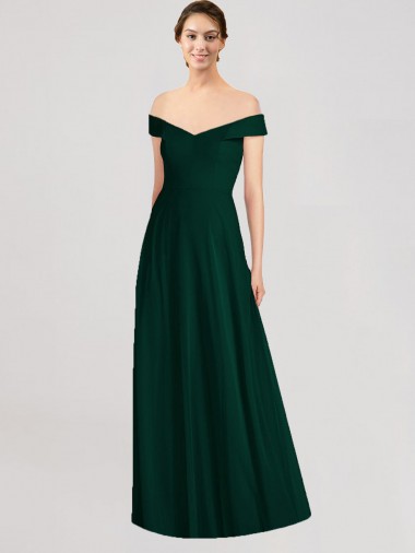 Mejores Evergreen línea A Hombros Descubiertos Cuello en V Gasa Largo Vestidos de dama de honor