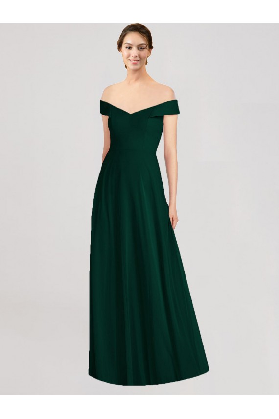 Mejores Evergreen línea A Hombros Descubiertos Cuello en V Gasa Largo Vestidos de dama de honor