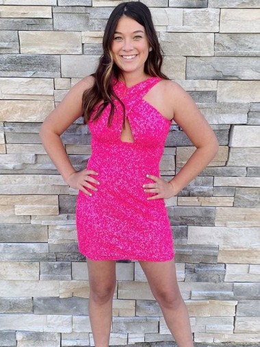 Mejores Fucsia Cubierta Halter Corto Lentejuelas Terciopelo Corto Vestidos de fiesta