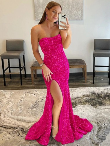 Mejores Fucsia Cubierta Sin tirantes Barrer tren Lentejuelas Terciopelo Largo Vestidos de fiesta