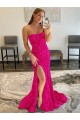 Mejores Fucsia Cubierta Sin tirantes Barrer tren Lentejuelas Terciopelo Largo Vestidos de fiesta
