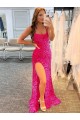 Mejores Fucsia Cubierta Tirantes espagueti Barrer tren Lentejuelas Terciopelo Largo Vestidos de fiesta