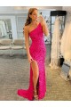 Mejores Fucsia Cubierta Un Hombre Barrer tren Lentejuelas Terciopelo Corto Vestidos de fiesta