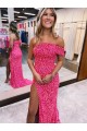 Mejores Fucsia Cubierta Un Hombre Barrer tren Lentejuelas Terciopelo Largo Vestidos de fiesta
