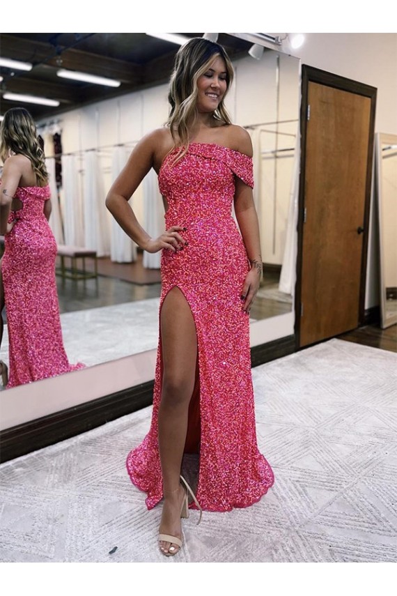 Mejores Fucsia Cubierta Un Hombre Barrer tren Lentejuelas Terciopelo Largo Vestidos de fiesta